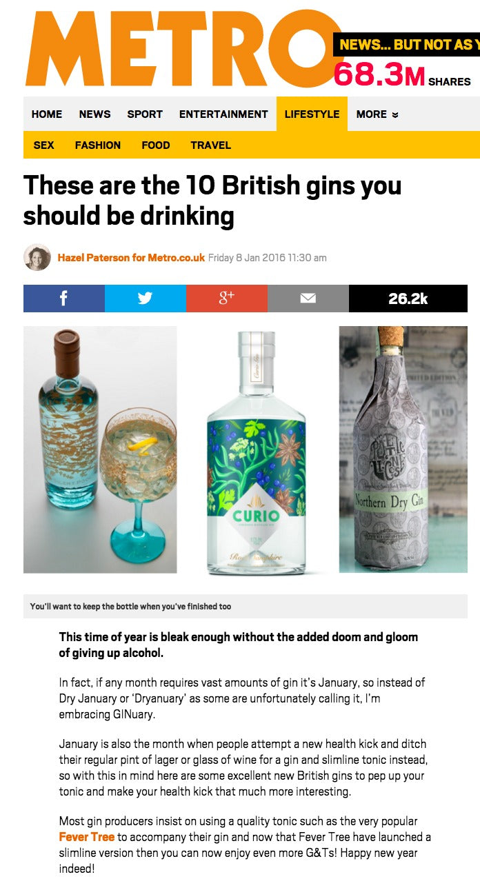 Curio listed by Metro as one the the top ten British gins to be drinking